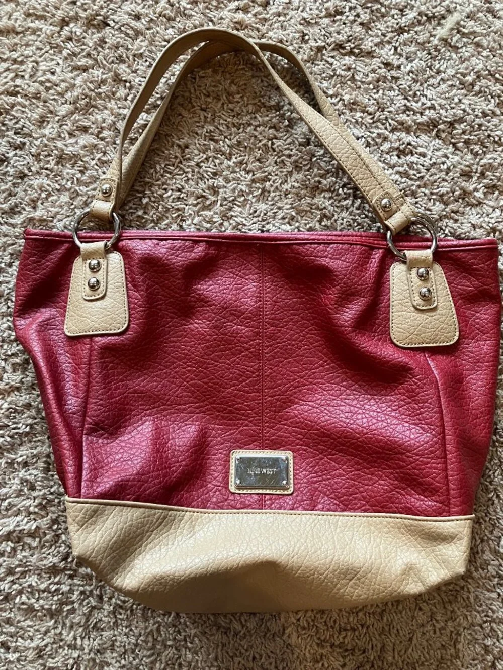 Nine West Red Tan Oversized Tote Shoulder Bag Faux Leather Y2K Colorblock